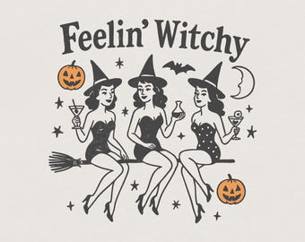 PNG con temática de brujas, brujas retro de Halloween, descarga de PNG de brujas vintage, lindo arte de Halloween, camiseta divertida de brujas, PNG de temporada espeluznante, digital