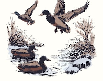 PNG de pato vintage, imágenes prediseñadas de pato ánade real, patos voladores de caza (descarga digital)