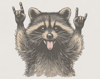 May include: A detailed illustration of a raccoon with dark brown and tan fur, shown with its mouth open and tongue out. The raccoon has both front paws raised in the air with fingers positioned in a rock and roll hand gesture against a light background.