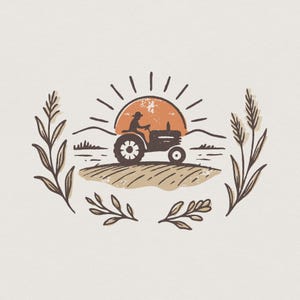 Op de afbeelding: Een grafische illustratie met het donkere silhouet van een persoon die een tractor over een veld bestuurt. Achter de tractor staat een grote oranje zon met stralen. De scène wordt omlijst door twee korenaren aan de linker- en rechterkant.