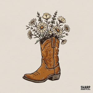 May include: A brown leather cowboy boot with decorative stitching, filled with a bouquet of white daisies and small green sprigs. The illustration features a light beige background and the text Sharp Marketplace in the bottom right corner.
