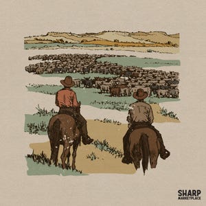 Op de afbeelding: Een vintage-stijl illustratie toont twee cowboys te paard die vee over een veld drijven. De scène is weergegeven in gedempte aardetinten, met een verre bergketen op de achtergrond. De afbeelding heeft een rustieke uitstraling.