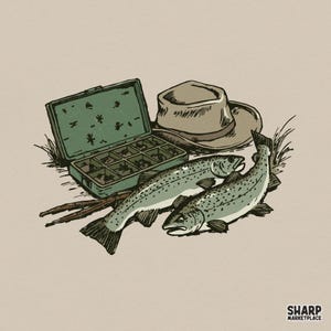 May include: A graphic illustration featuring two speckled trout, an open green tackle box filled with fishing lures, and a tan fedora hat. The text SHARP MARKETPLACE is printed in the bottom right corner of the image in a black sans-serif font.
