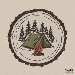 May include: A circular illustration of a campsite scene. A green tent is surrounded by pine trees and a campfire. The image is set within a wood slice frame, with the text "SHARP MARKETPLACE" at the bottom.