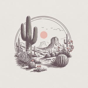 May include: A circular line art illustration of a desert landscape featuring a tall saguaro cactus in the foreground, various smaller cacti, and distant mesas. A pale pink sun hangs in the sky above the arid terrain, with small birds flying in the distance.