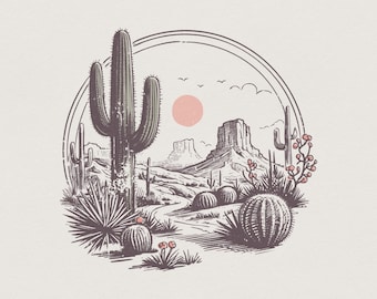 Illustration de paysage désertique serein, art de cactus du sud-ouest, scène de désert vintage, coucher de soleil rétro sur les cactus, terre aride avec montagnes