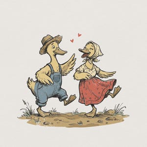 Könnte beinhalten: Eine skurrile Illustration von zwei anthropomorphen Enten beim Tanzen. Eine Ente trägt blaue Latzhosen und einen Strohhut, die andere einen roten Rock und ein Kopftuch. Zwei kleine rote Herzen schweben über ihnen und deuten auf Zuneigung hin.
