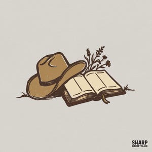 May include: A brown cowboy hat resting next to an open book with blank pages and a small sprig of wildflowers. The illustration features dark brown outlines and a muted color palette. The text SHARP MARKETPLACE appears in the bottom right corner.