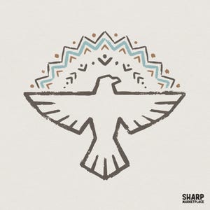 Puede incluir: Ilustración estilizada de un pájaro con las alas extendidas, en trazos marrones oscuros. Encima del pájaro, un diseño decorativo en azul, marrón y blanco, que recuerda a una corona. El fondo es de un blanco roto texturizado.