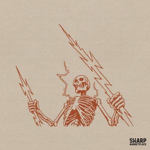 May include: A graphic illustration on a light tan background featuring a burnt orange skeleton holding a jagged lightning bolt in each hand. The skeleton is positioned centrally with arms raised. The text SHARP MARKETPLACE appears in the bottom right.