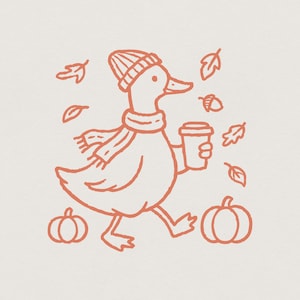 May include: A line art illustration of a duck wearing a knit beanie and a fringed scarf, holding a coffee cup. The duck is surrounded by falling autumn leaves, an acorn, and two pumpkins, all rendered in a single coral-orange color on a light background.