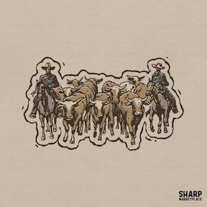 Puede incluir: Una ilustración gráfica sobre un fondo beige que muestra a dos vaqueros a caballo arreando un grupo de ganado marrón. Los vaqueros visten camisas azules y sombreros. El texto SHARP MARKETPLACE está impreso en negro en la esquina inferior derecha.