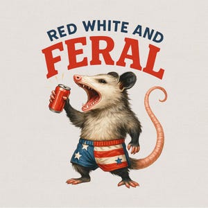 Gambá selvagem PNG, PNG patriótico engraçado de 4 de julho, Download digital vermelho, branco e azul, Sublimação América EUA, Dia da Independência, Camiseta de verão
