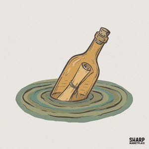 Puede incluir: Ilustración de una botella de vidrio marrón con un corcho, que contiene un pergamino enrollado. La botella está parcialmente sumergida en agua, con círculos concéntricos que emanan hacia afuera. La imagen tiene un estilo vintage, dibujado a mano.