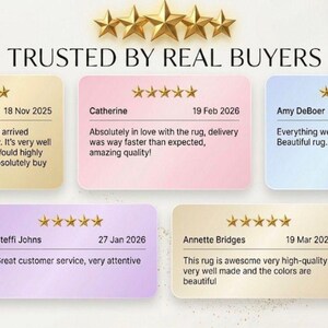 May include: Graphic showcasing customer testimonials with five-star ratings. The text reads "TRUSTED BY REAL BUYERS" above the reviews. Each review includes a name, date, and a short quote about a rug.