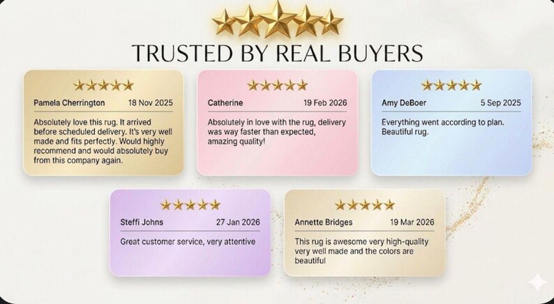 May include: Graphic showcasing customer testimonials with five-star ratings. The text reads "TRUSTED BY REAL BUYERS" above the reviews. Each review includes a name, date, and a short quote about a rug.
