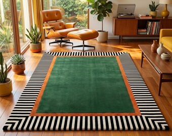 Solid Green Rug, Striped Border Rug, Black White Rug, Orange Frame Rug, Modern Pop Art Rug, Contemporary Area Rug, Hand Tufted Rug,8x10 9x12
