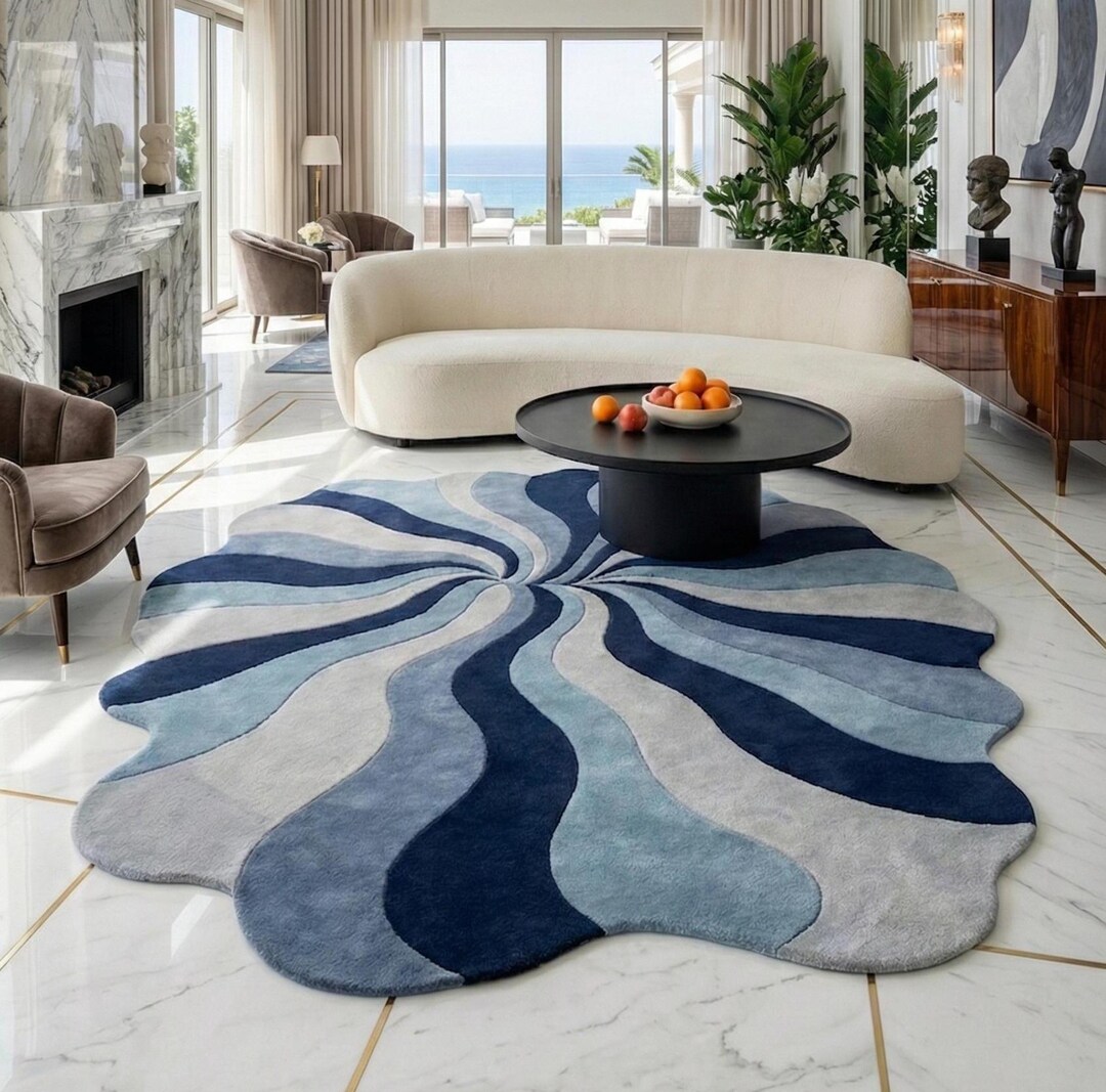 Blue Wavy Abstract Rug, Organic Shape Ocean Wave Carpet, Hand Tufted ...
