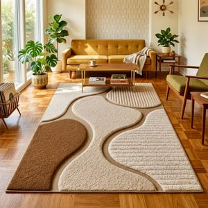 May include: A rectangular area rug featuring an abstract design with organic, flowing shapes in shades of cream, beige, and brown. The rug has a multi-textured surface with varying pile heights, including smooth, ribbed, and plush sections.