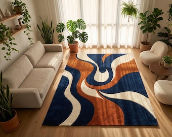 Abstract Wavy Rug, Round Rectangle Runner, Navy Rust Cream Wool, Retro Modern Tufted, Living Room Hallway Decor Area Rug 8x10, 9x12.