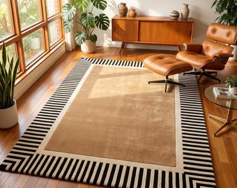 Solid Camel Rug, Striped Border Rug, black and White Rug, Beige Center Rug, Modern Pop Art Rug, Contemporary Area Rug, hand-tufted rug 9x12,