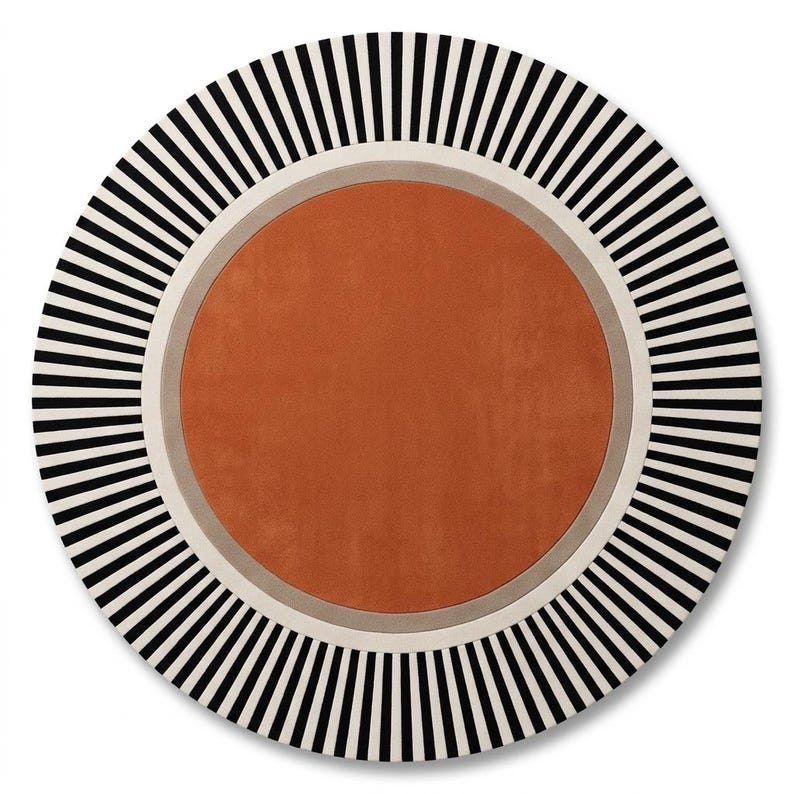 Alfombra redonda Art Déco verde esmeralda, alfombra circular con borde a rayas blancas y negras, tejida a mano en lana, lujo de mediados de siglo, tamaños personalizados 8x8, 10x10. Orange Rust