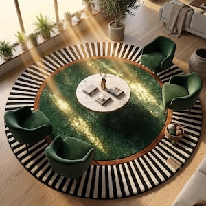 Puede incluir: Una alfombra redonda con un centro verde, un borde marr&oacute;n y rayas blancas y negras. Cuatro sillones de terciopelo verde rodean una mesa de centro de m&aacute;rmol. La habitaci&oacute;n est&aacute; bien iluminada con luz natural.