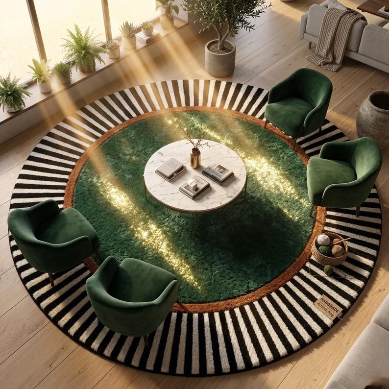 Puede incluir: Una alfombra redonda con un centro verde, un borde marr&oacute;n y rayas blancas y negras. Cuatro sillones de terciopelo verde rodean una mesa de centro de m&aacute;rmol. La habitaci&oacute;n est&aacute; bien iluminada con luz natural.