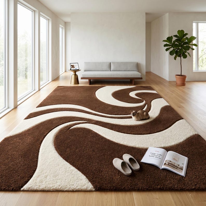 May include: A large, rectangular brown rug with a cream-colored, wavy design. The rug is in a living room setting, with a cat resting on it, along with a pair of slippers and an open book. The room has large windows and a neutral color palette.
