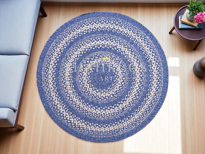 Handmade Jute Braided Rug, Blue Beige Natural Fibers, Custom Size Round ...