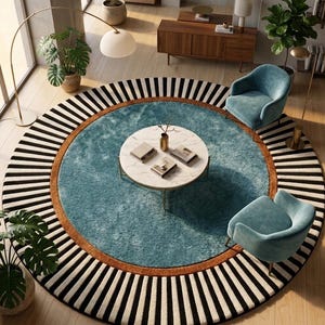 Puede incluir: Una alfombra redonda con un centro turquesa, un borde marr&oacute;n y un borde exterior a rayas blancas y negras. La alfombra est&aacute; en un sal&oacute;n con dos sillones turquesa, una mesa de centro con tapa de m&aacute;rmol y plantas en macetas.