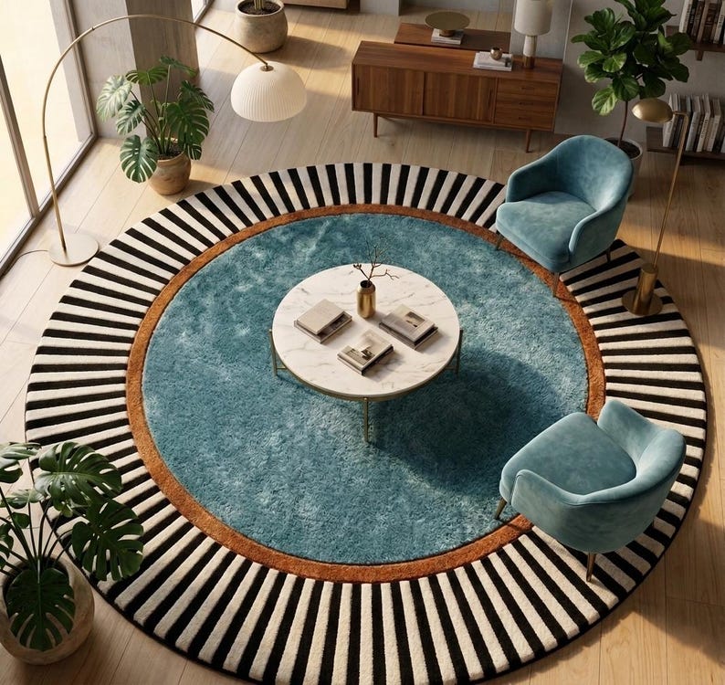 Puede incluir: Una alfombra redonda con un centro turquesa, un borde marr&oacute;n y un borde exterior a rayas blancas y negras. La alfombra est&aacute; en un sal&oacute;n con dos sillones turquesa, una mesa de centro con tapa de m&aacute;rmol y plantas en macetas.