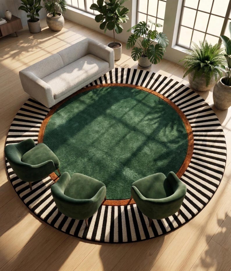 Puede incluir: Vista a&eacute;rea de un sal&oacute;n con una gran alfombra redonda. La alfombra tiene un centro verde, un borde marr&oacute;n y un borde exterior a rayas blancas y negras. Tres sillones de terciopelo verde est&aacute;n colocados alrededor de la alfombra, con un sof&aacute; blanco al fondo.