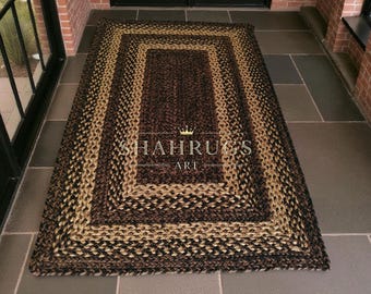 Handmade Braided Jute Rug Natural Fiber - Bohemian Border Area Rug Brown Beige Hallway Runner Eco Friendly
