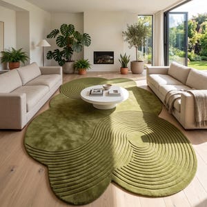 May include: An olive green area rug with an irregular, cloud-like shape and a textured surface featuring concentric circular patterns. The rug is positioned on a light-colored wooden floor between two beige sofas and beneath a white round coffee table.