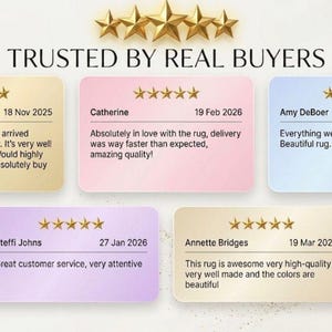 Puede incluir: Imagen que muestra testimonios de clientes con valoraciones de cinco estrellas. El texto "TRUSTED BY REAL BUYERS" est&aacute; en la parte superior. Cada rese&ntilde;a incluye un nombre, fecha y cita sobre una alfombra, destacando la calidad.