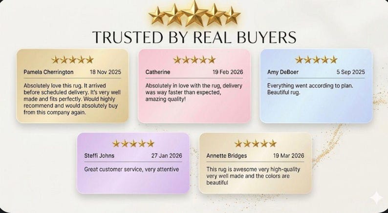 Puede incluir: Imagen que muestra testimonios de clientes con valoraciones de cinco estrellas. El texto "TRUSTED BY REAL BUYERS" est&aacute; en la parte superior. Cada rese&ntilde;a incluye un nombre, fecha y cita sobre una alfombra, destacando la calidad.