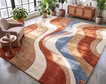 Alfombra de mediados de siglo, alfombra moderna abstracta de lana, alfombra en tonos tierra azul y naranja, alfombra geométrica retro para sala de estar. Alfombras personalizadas: 8x10, 9x12, 10x14.