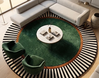 Alfombra redonda Art Déco verde esmeralda, alfombra circular con borde a rayas blancas y negras, tejida a mano en lana, lujo de mediados de siglo, tamaños personalizados 8x8, 10x10.