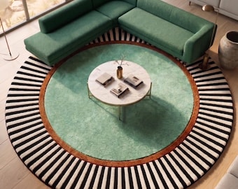 Alfombra redonda Art Déco / Alfombra de lana tejida a mano con borde a rayas verde menta, negro y blanco / Alfombra circular de pelo alto tallado en 3D 8x8, 9x9, 10x10