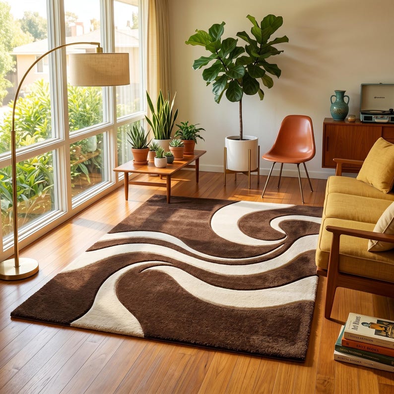 May include: A brown and cream area rug with a wavy design in a living room setting. The rug is placed on a hardwood floor, and the room features a yellow sofa, plants, and a floor lamp.