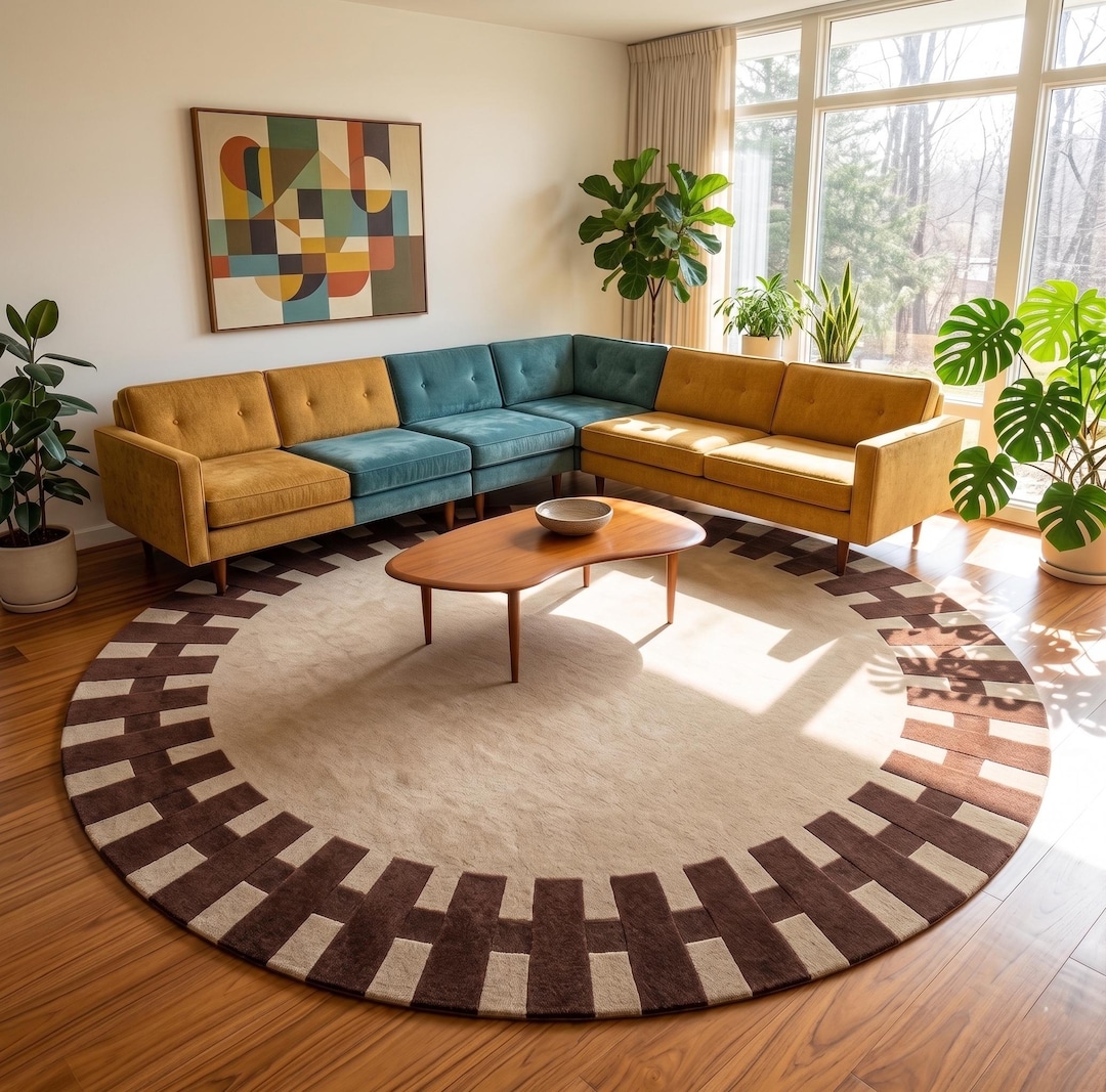 Round Mid Century Modern Area Rug | Beige Brown Geometric Border High ...