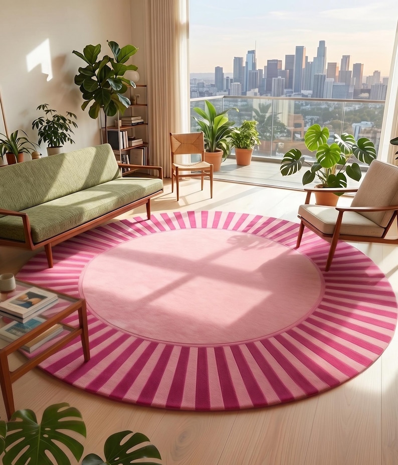 Puede incluir: Una alfombra redonda rosa con un borde a rayas en un sal&oacute;n. La alfombra presenta un centro rosa m&aacute;s claro y un patr&oacute;n de rayas rosa m&aacute;s oscuro alrededor del borde. La habitaci&oacute;n incluye un sof&aacute; verde, sillas y plantas en macetas.