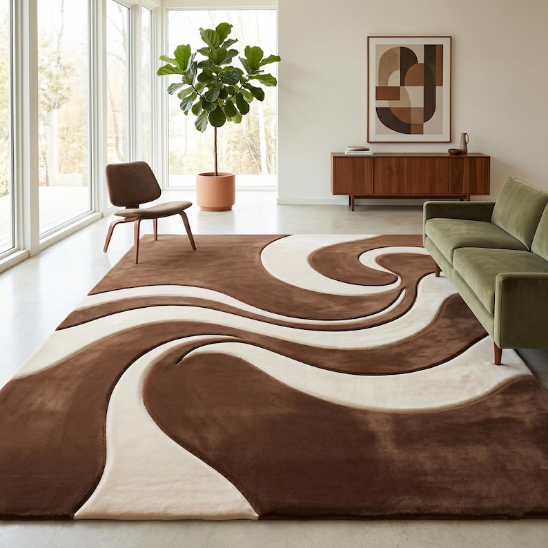 May include: A large, rectangular area rug with a retro design. The rug features a brown background with flowing, cream-colored wave patterns. The rug is placed on a light-colored floor in a living room setting.
