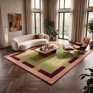 Olive Green Rectangular Wool Rug, Pink Burgundy Broken Border Mid-Century Art Deco Rug, 8x10, 9x12, or 10x14 woollen carpet