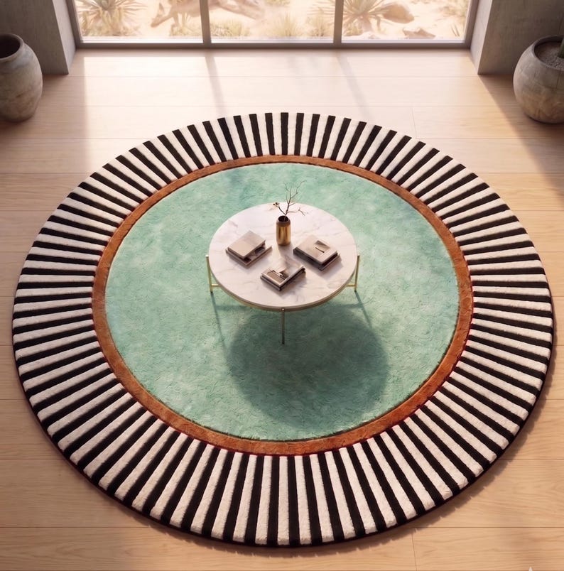 Puede incluir: Una alfombra redonda con un borde a rayas blanco y negro, una banda color &oacute;xido y un centro verde claro. En el centro hay una peque&ntilde;a mesa redonda de m&aacute;rmol con patas doradas, con libros y un jarr&oacute;n. La alfombra est&aacute; sobre un suelo de madera.