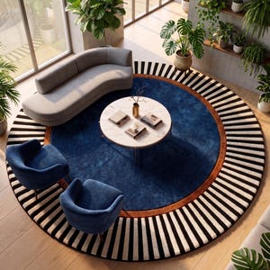 Puede incluir: Escena de dise&ntilde;o de interiores con una alfombra redonda azul, borde marr&oacute;n y borde exterior a rayas blancas y negras. Dos sillones de terciopelo azul y un sof&aacute; gris curvo rodean una mesa de centro de m&aacute;rmol blanco. Las plantas en macetas a&ntilde;aden vegetaci&oacute;n.