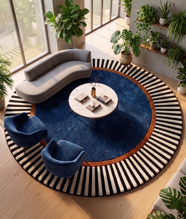 Puede incluir: Escena de dise&ntilde;o de interiores con una alfombra redonda azul, borde marr&oacute;n y borde exterior a rayas blancas y negras. Dos sillones de terciopelo azul y un sof&aacute; gris curvo rodean una mesa de centro de m&aacute;rmol blanco. Las plantas en macetas a&ntilde;aden vegetaci&oacute;n.