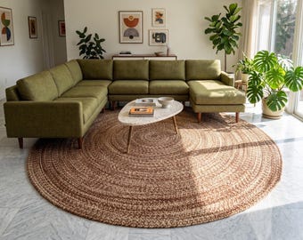 Handmade Wool Braided Round Rug | Natural Brown Circular Carpet | Farmhouse Boho Wool Area Rug | Living Room/Bedroom Floor Decor 8x8/10x10