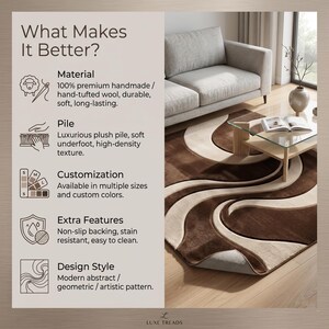 May include: A modern abstract rug with brown and cream wave patterns. The rug is made of hand-tufted wool and features a non-slip backing. The image also includes a sofa, coffee table, and text that reads "What Makes It Better?"